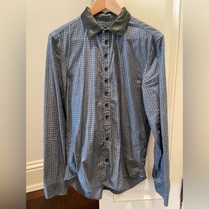 Diesel Navy Button Down Shirt with Real Leather detailing on Collar. Size: M.